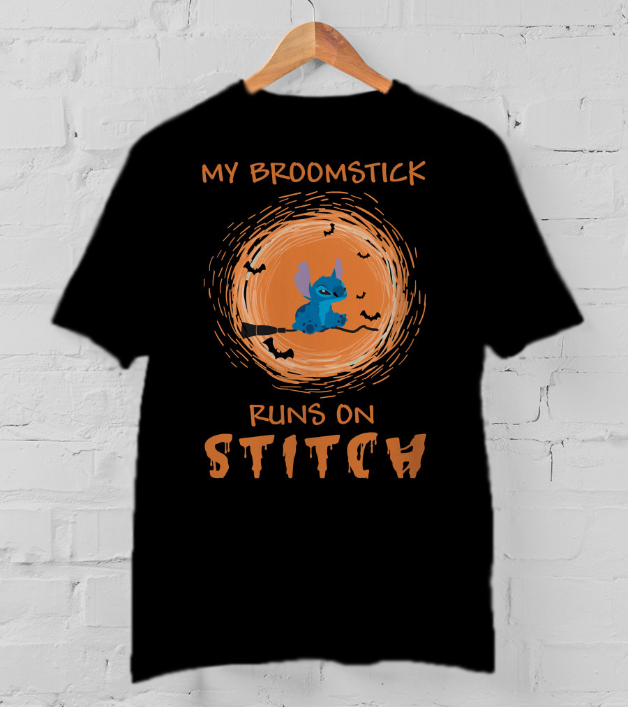 My Broomstick Runs On Stitch Halloween Bats Moon T-Shirt