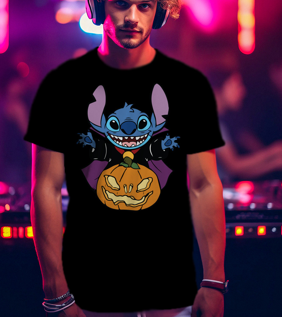 Cute Halloween Vampire Stitch Hugging Pumpkin T-Shirt