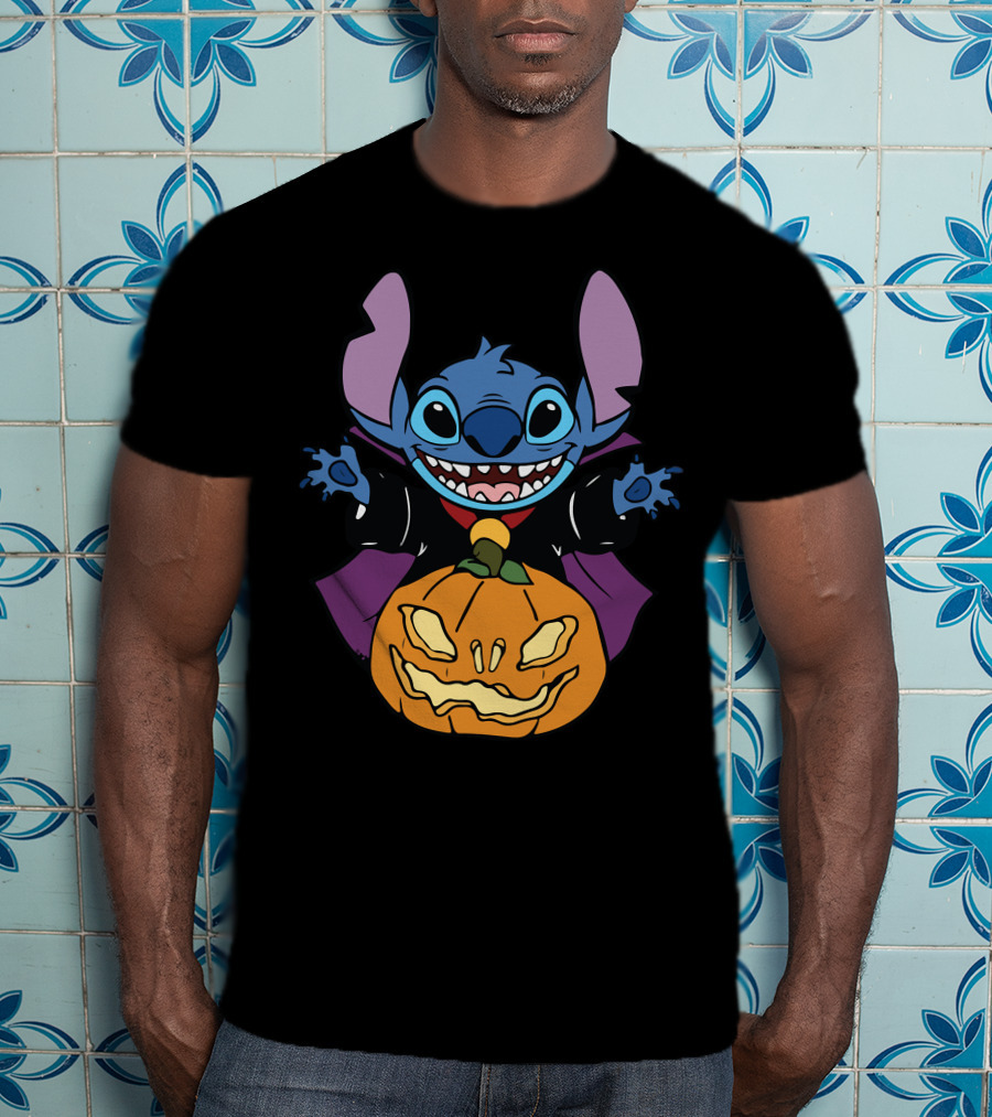 Cute Halloween Vampire Stitch Hugging Pumpkin T-Shirt