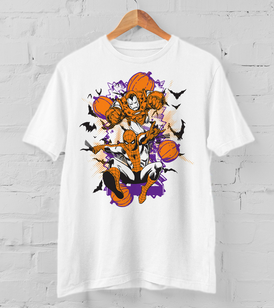 Marvel Spider Man And Iron Man Halloween Pumpkins And Bats T-Shirt