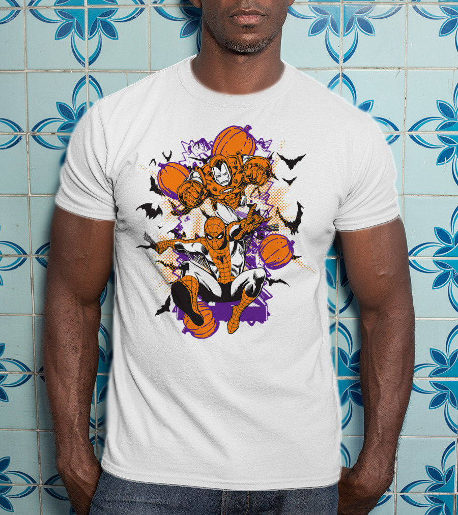 Marvel Spider Man And Iron Man Halloween Pumpkins And Bats T-Shirt