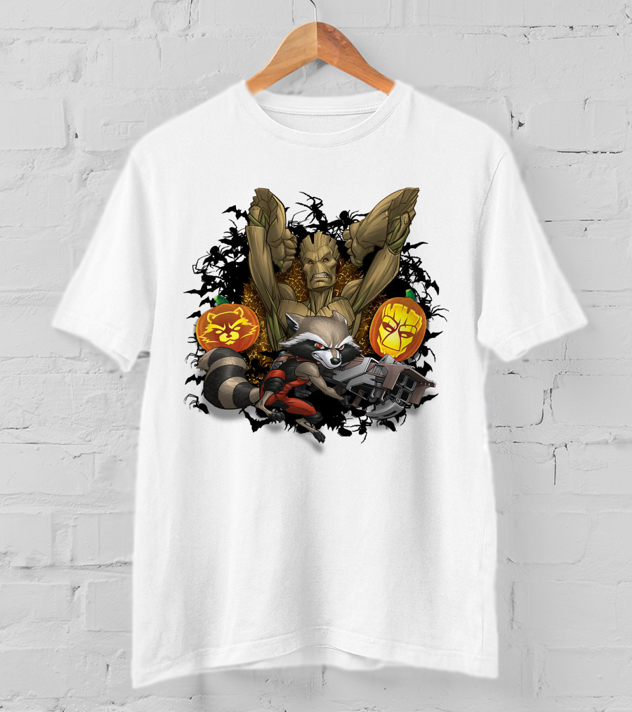 Groot And Rocket Raccoon Halloween Jack O' Lantern Duo T-Shirt