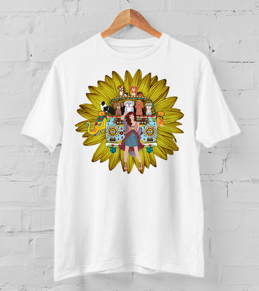 I'm Mostly Peace Love Animals Hippie Van Sunflower Dogs T-Shirt