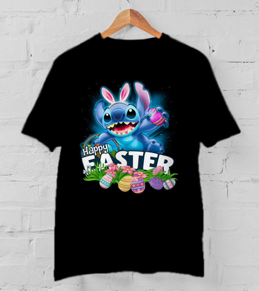 Happy Easter Stitch With Colorful Eggs And Flowers T-Shirt