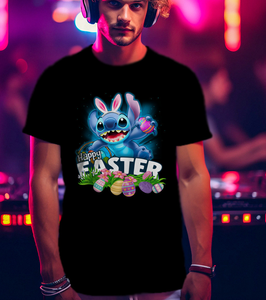 Happy Easter Stitch With Colorful Eggs And Flowers T-Shirt
