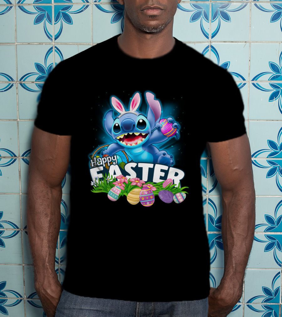 Happy Easter Stitch With Colorful Eggs And Flowers T-Shirt