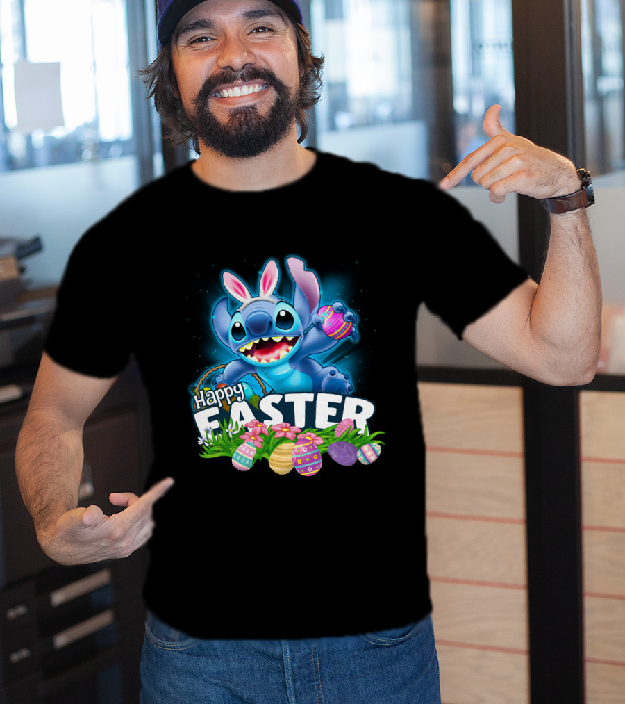 Happy Easter Stitch With Colorful Eggs And Flowers T-Shirt