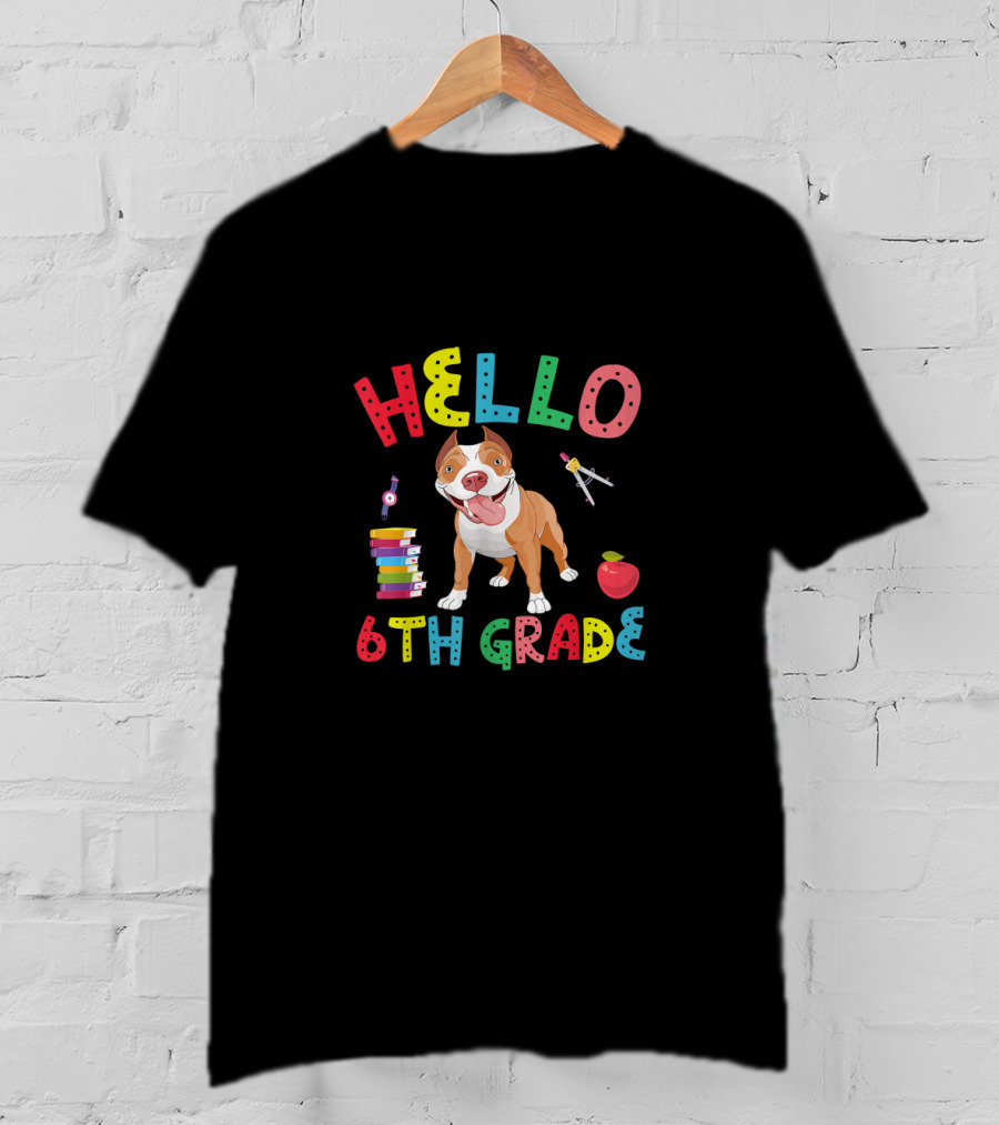 Hello 6th Grade Colorful Pitbull With Books And Apple T-Shirt