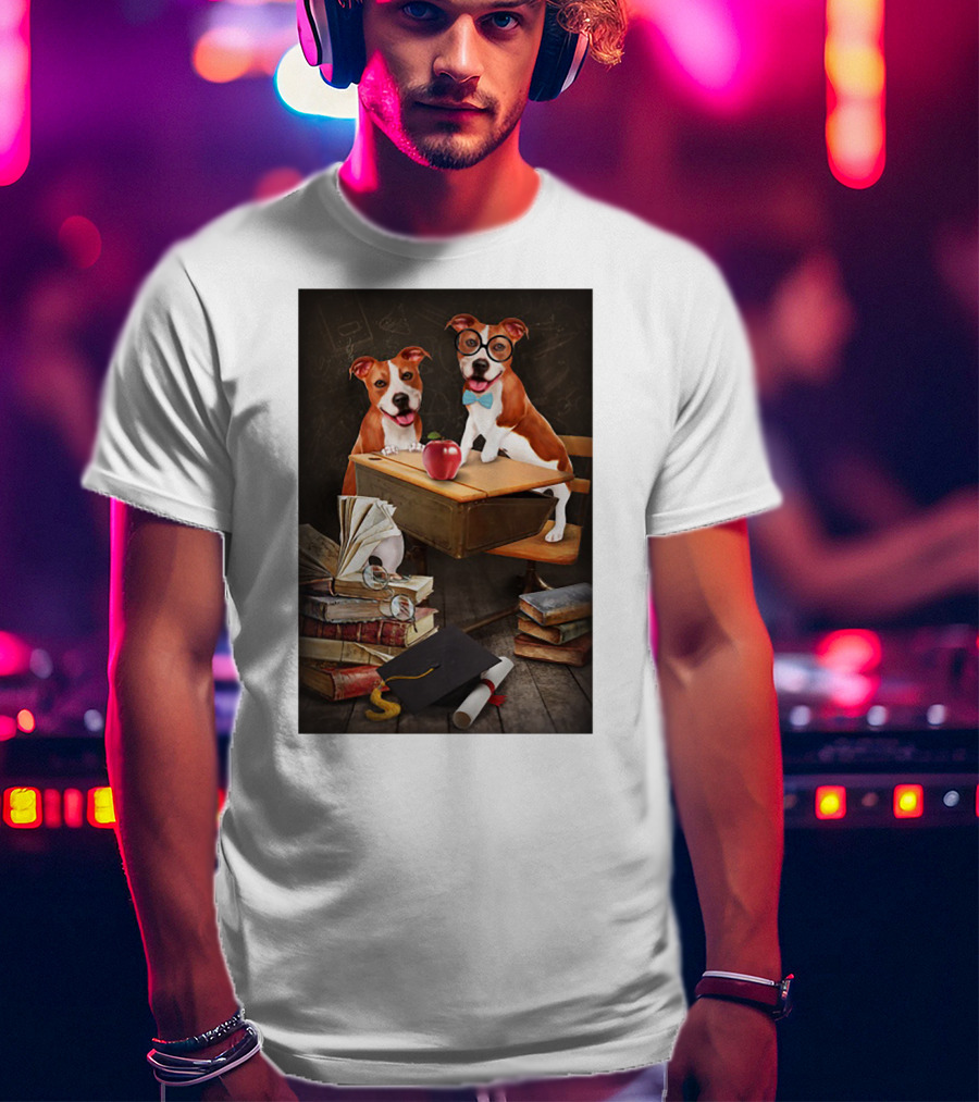 Pitbull Teacher Dogs With Books And Graduation Cap T-Shirt
