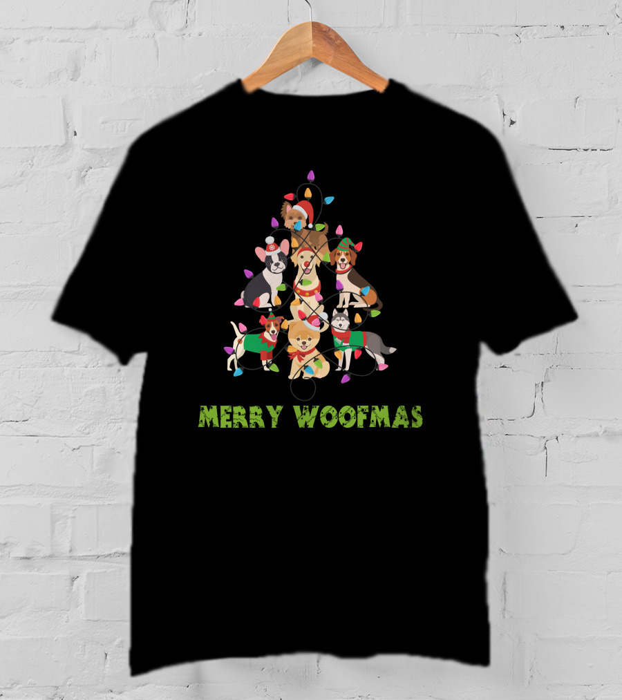 Merry Woofmas Christmas Funny Dog Holiday Tree With Festive Lights T-Shirt