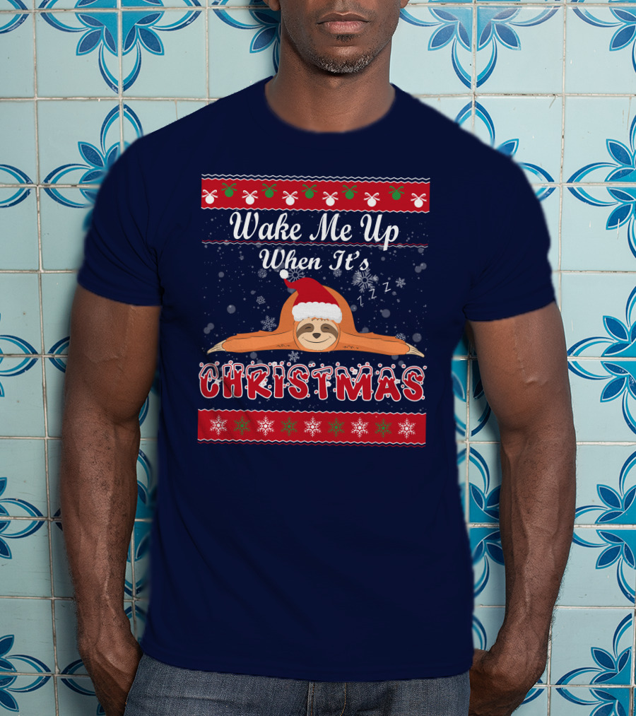 Wake Me Up When It's Christmas Sloth Santa Hat Snowflakes Zzz T-Shirt