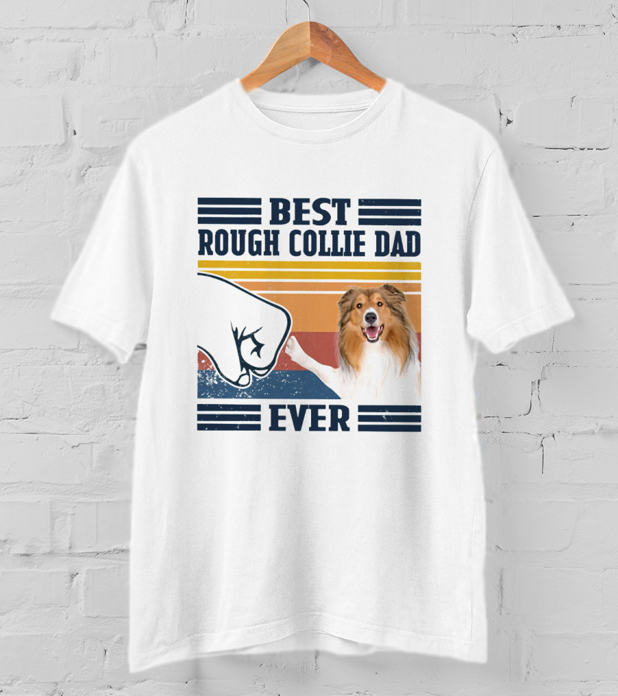 Best Rough Collie Dad Ever Fist Bump Retro Stripes T-Shirt