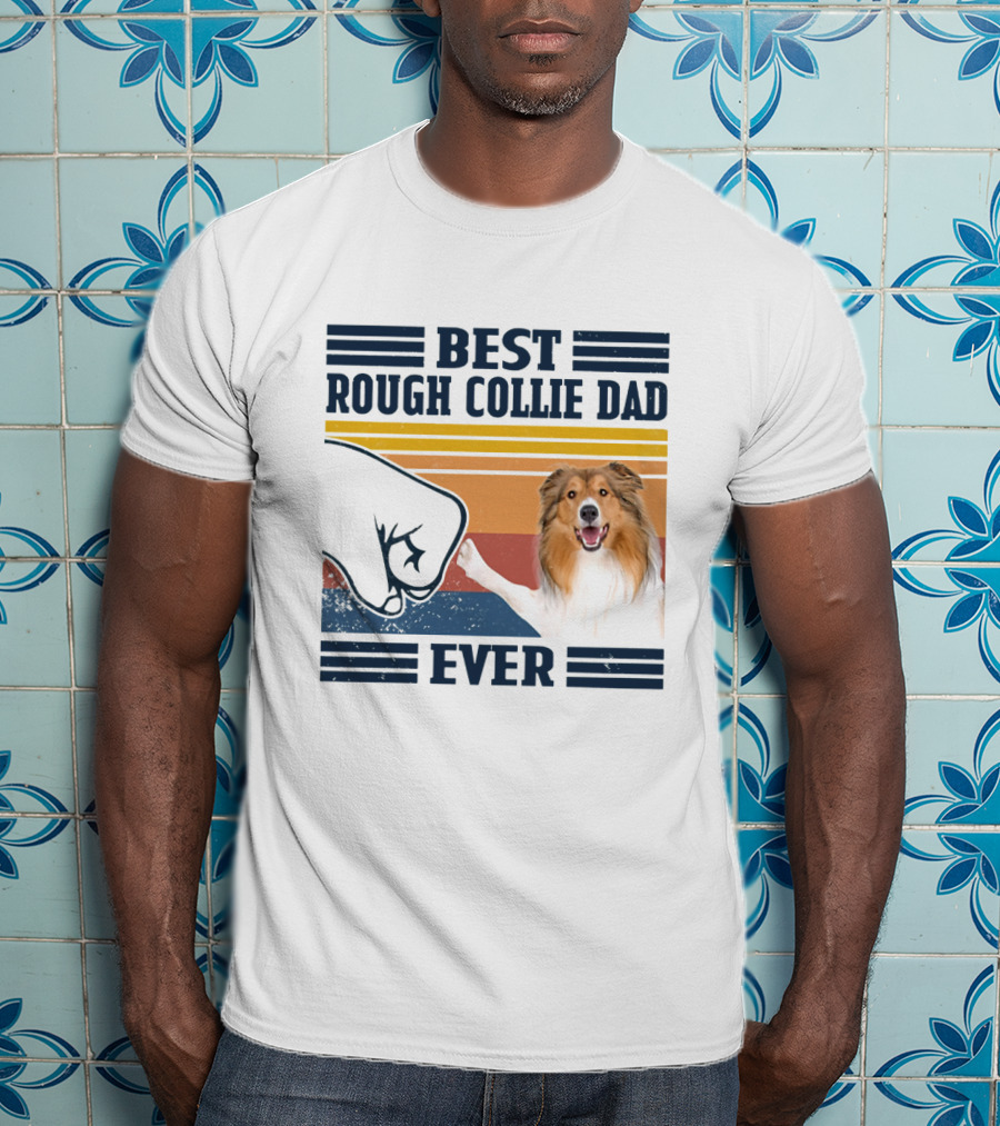 Best Rough Collie Dad Ever Fist Bump Retro Stripes T-Shirt