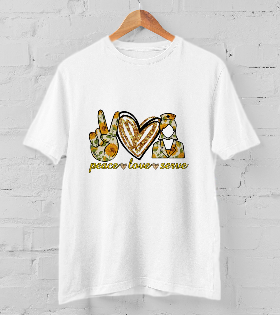 Peace Love Serve Nurse Practitioner Sunflower Heart Peace Sign Nurse Hat T-Shirt