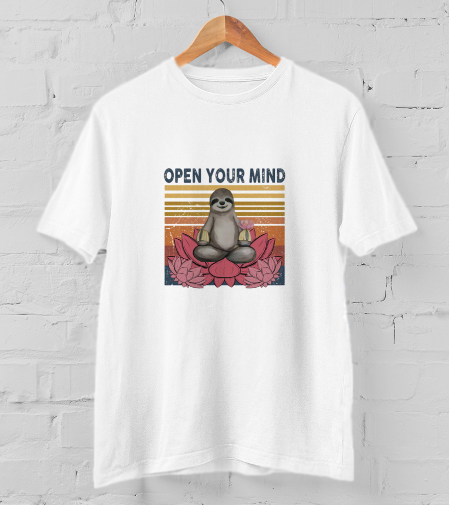 Open Your Mind Yoga Sloth On Lotus With Retro Stripes T-Shirt