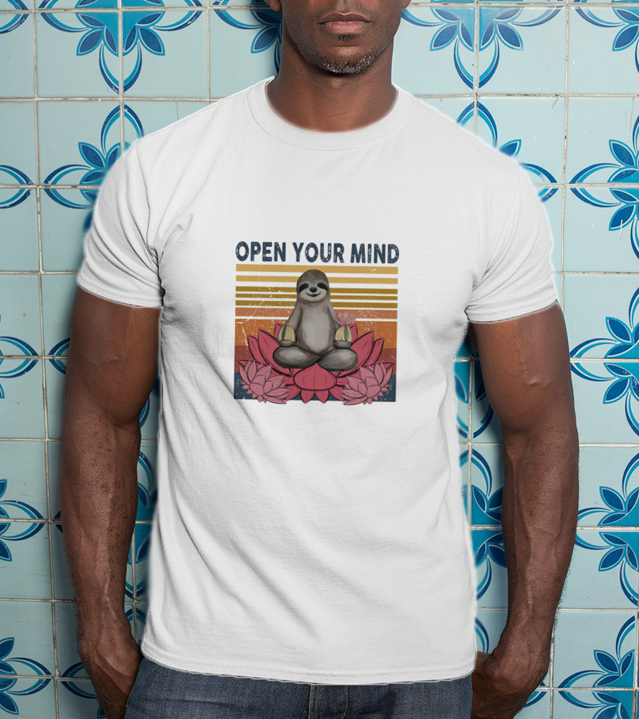 Open Your Mind Yoga Sloth On Lotus With Retro Stripes T-Shirt