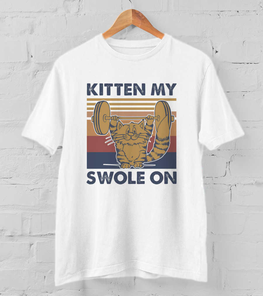 KITTEN MY SWOLE ON Cat Weightlifting Retro Stripes T-Shirt