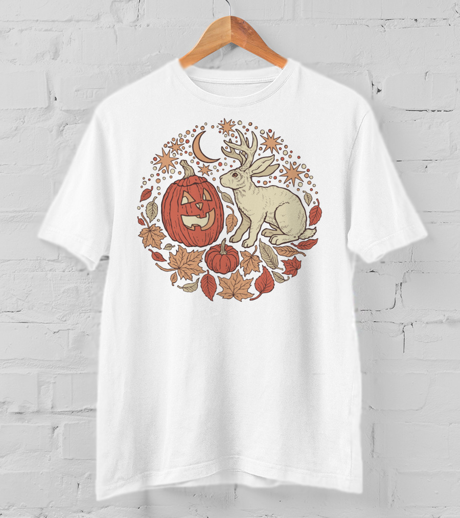 Halloween Friends Autumn Palette Jackalope Pumpkin Moon Stars Leaves T-Shirt