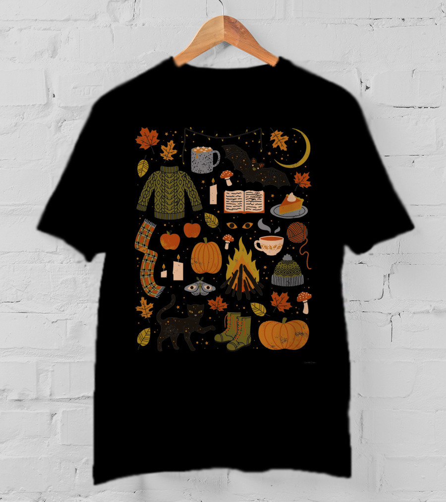 Autumn Nights Cozy Sweater Pumpkin Campfire Black Cat Moonlit Fall Leaves T-Shirt