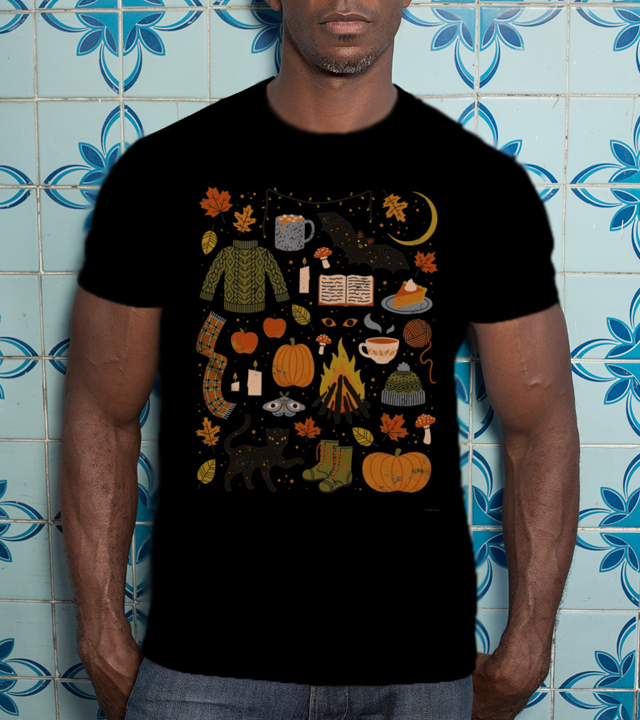 Autumn Nights Cozy Sweater Pumpkin Campfire Black Cat Moonlit Fall Leaves T-Shirt