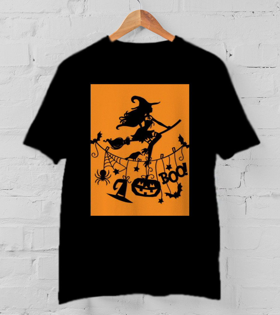 Witch On A Broom Halloween Boo Pumpkin Spider Bat Garland T-Shirt