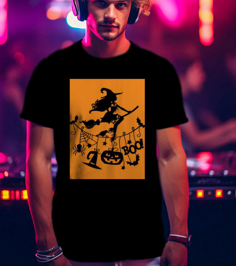 Witch On A Broom Halloween Boo Pumpkin Spider Bat Garland T-Shirt