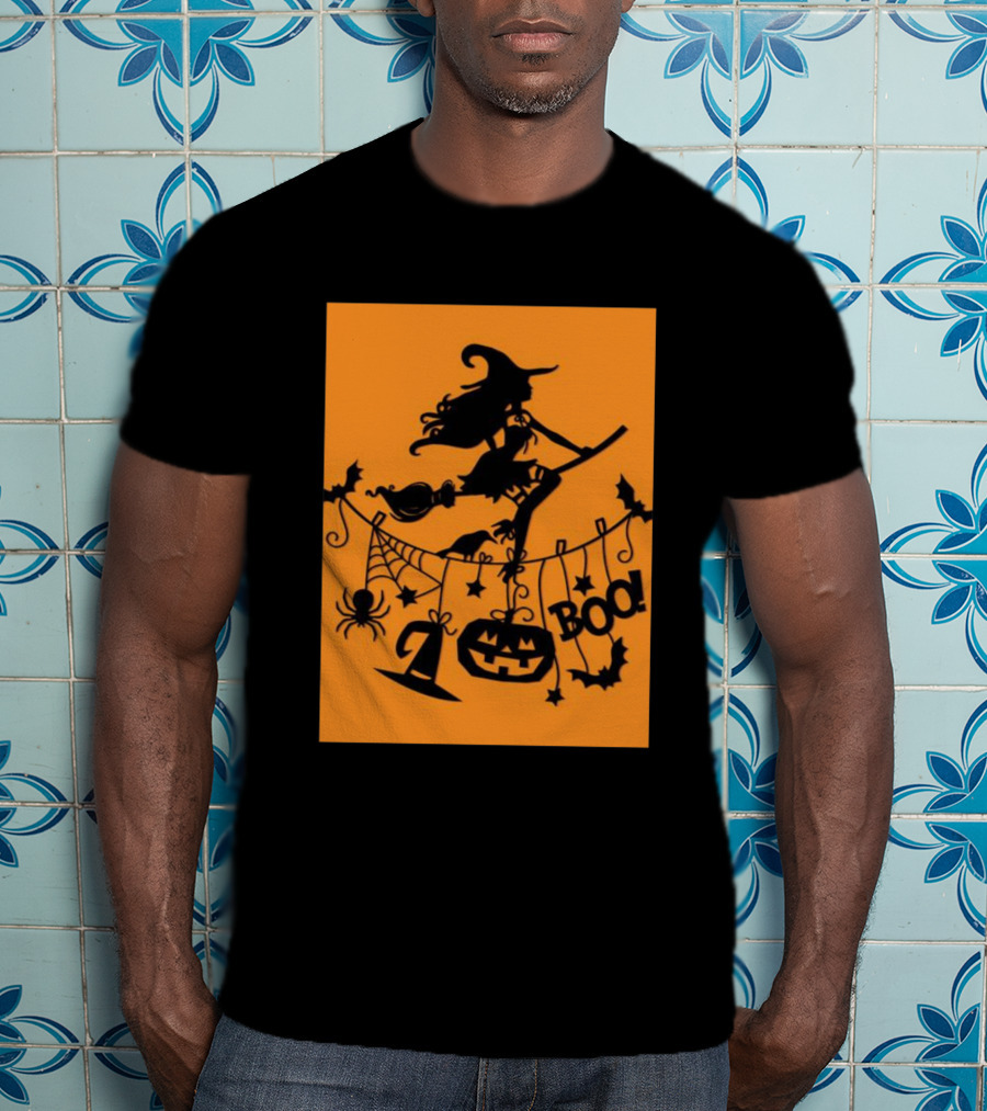Witch On A Broom Halloween Boo Pumpkin Spider Bat Garland T-Shirt
