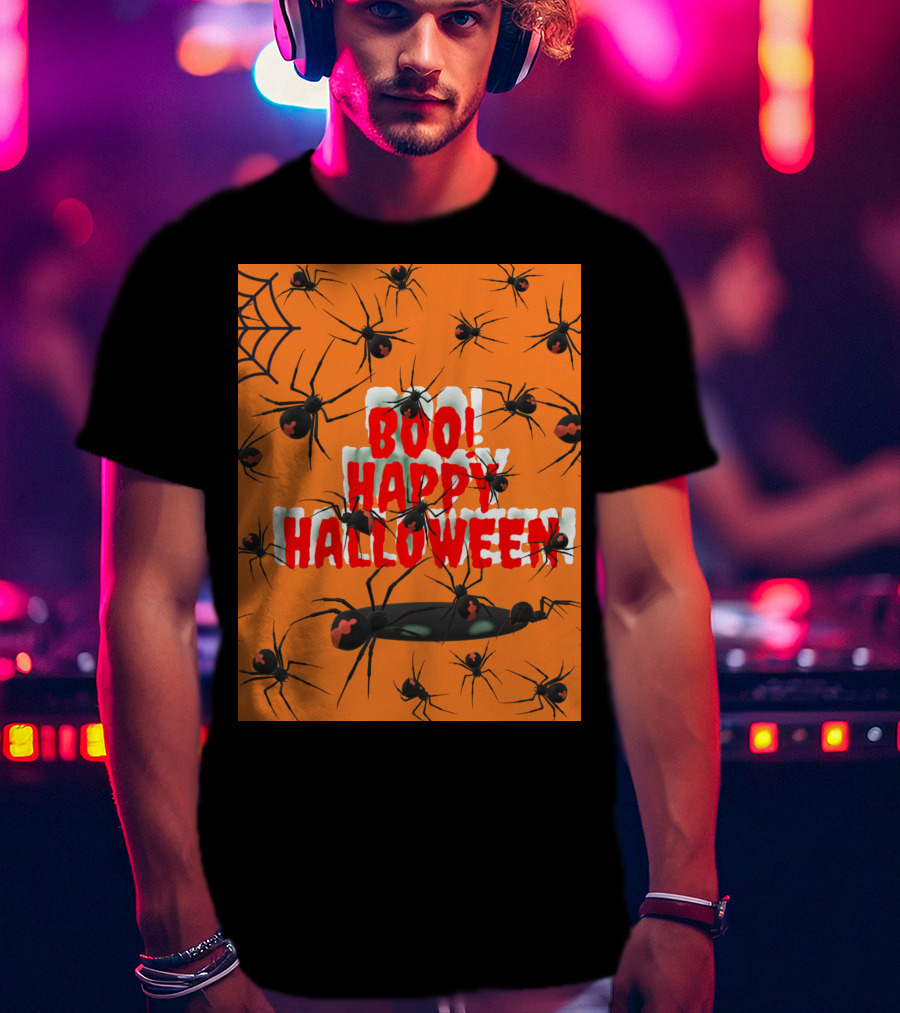 BOO Happy Halloween Spiders Orange Web T-Shirt