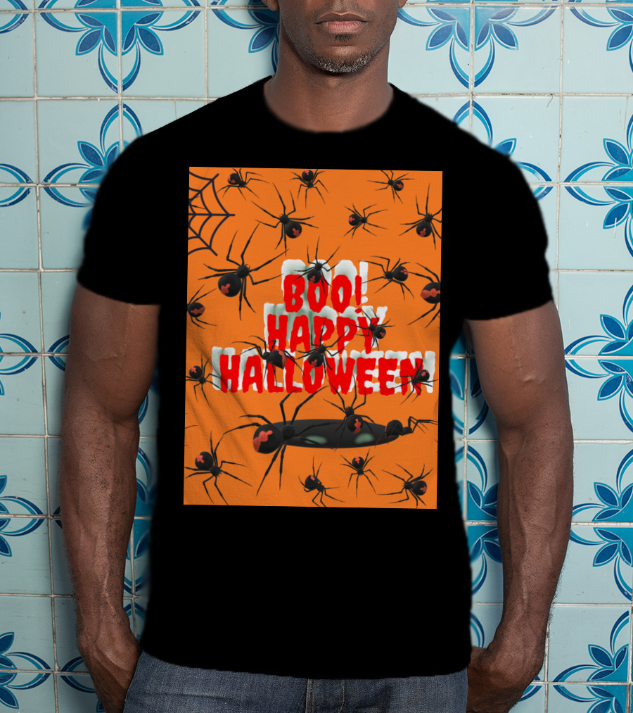 BOO Happy Halloween Spiders Orange Web T-Shirt