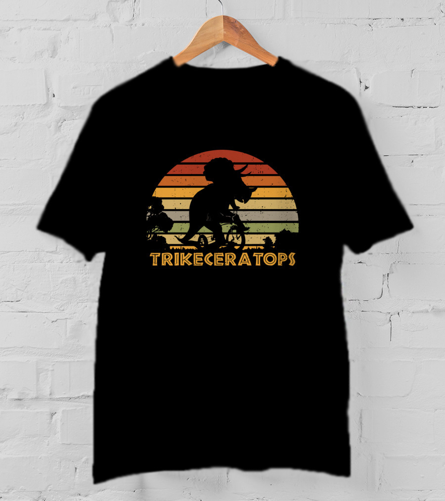 Trikeceratops Dinosaur Cycling Sunset T-Shirt
