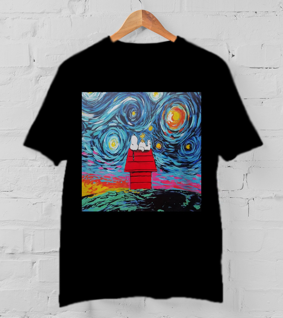 Snoopy And Woodstock On The Doghouse Under A Starry Night T-Shirt