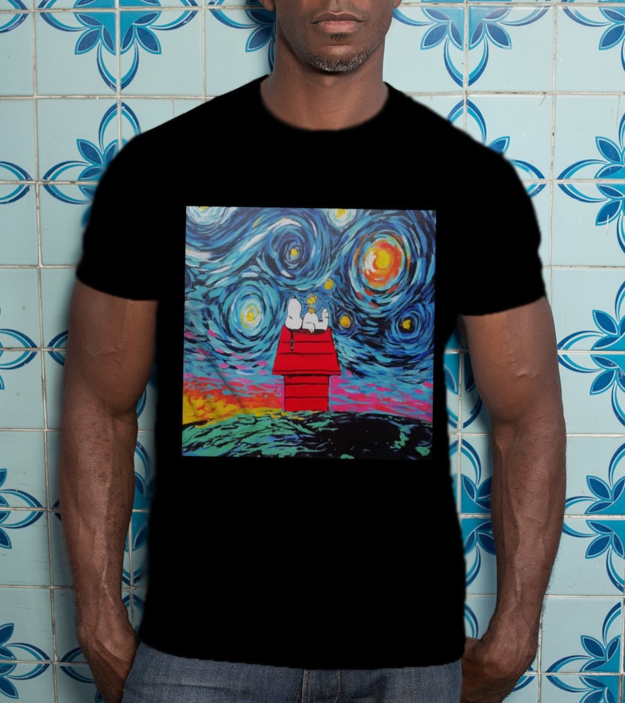 Snoopy And Woodstock On The Doghouse Under A Starry Night T-Shirt