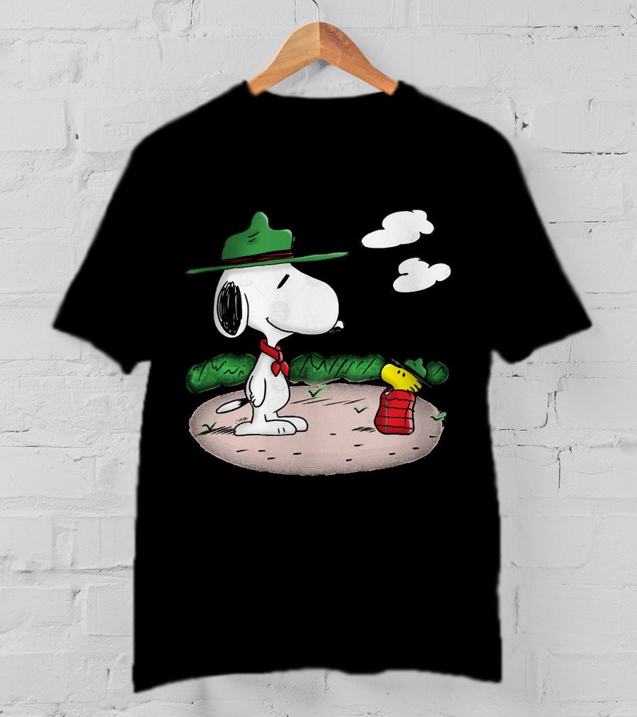 Snoopy Woodstock Camping Adventure With Green Hats And Red Scarf T-Shirt