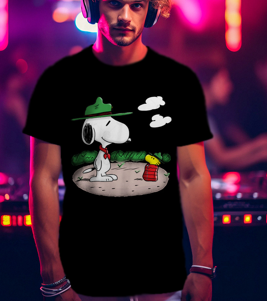 Snoopy Woodstock Camping Adventure With Green Hats And Red Scarf T-Shirt