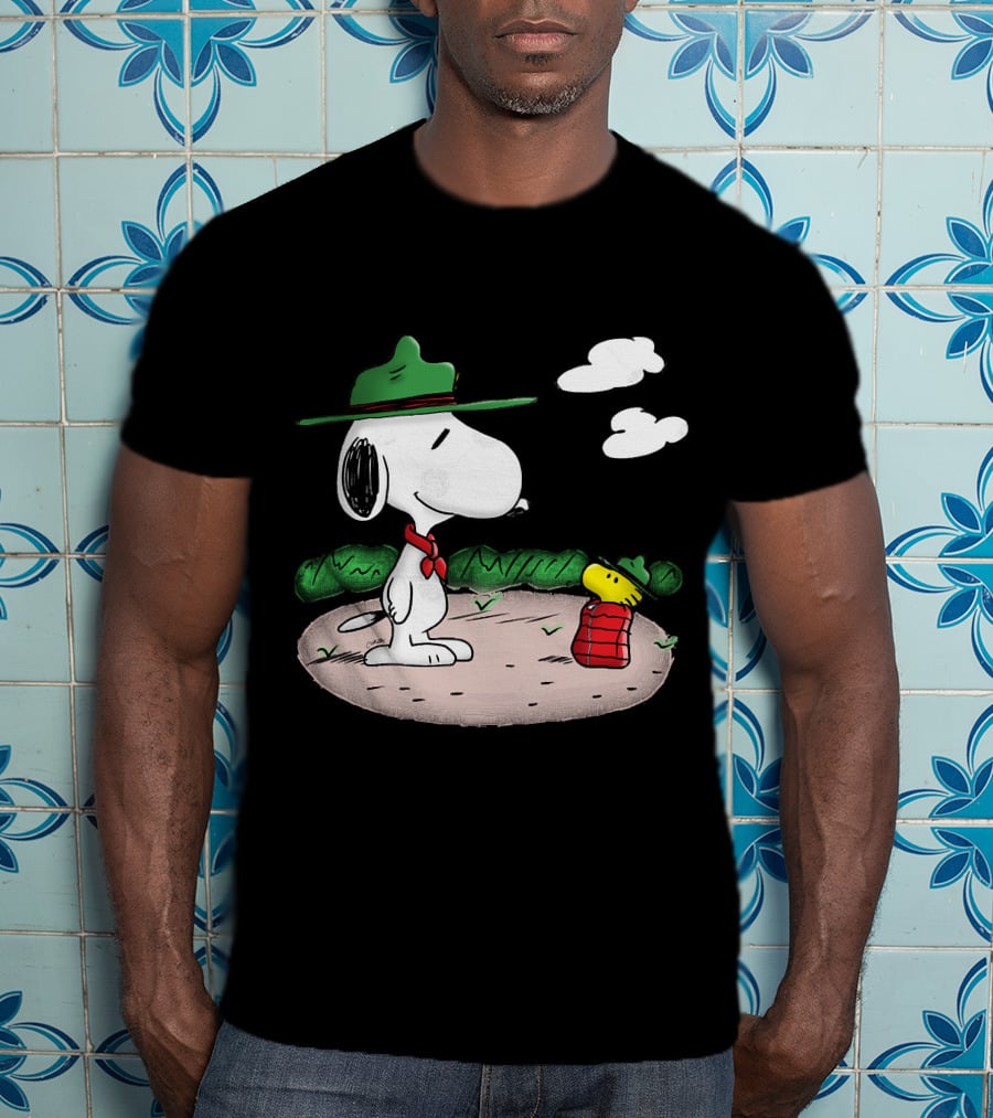 Snoopy Woodstock Camping Adventure With Green Hats And Red Scarf T-Shirt