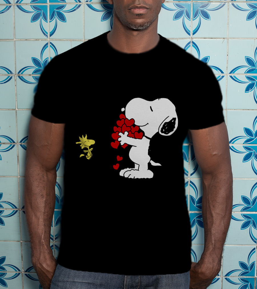 Snoopy Holding Hearts With Woodstock Hugging T-Shirt