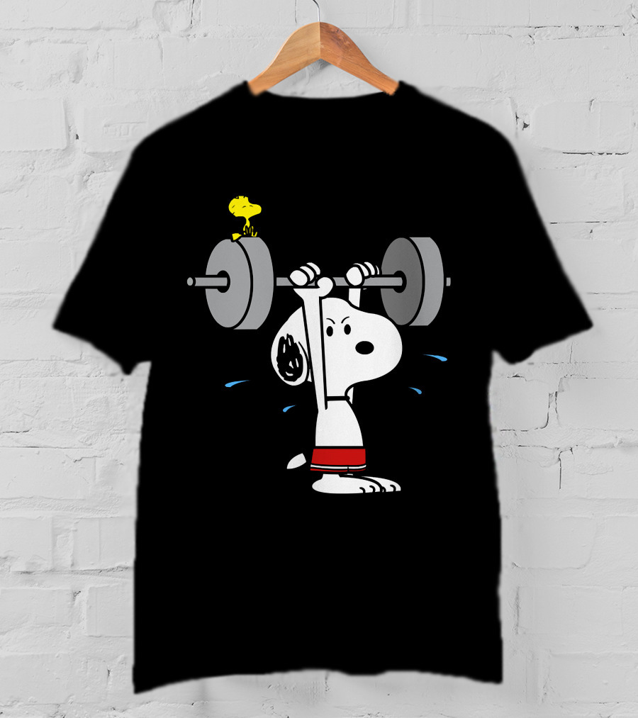 Snoopy Weightlifting With Woodstock On Barbell T-Shirt