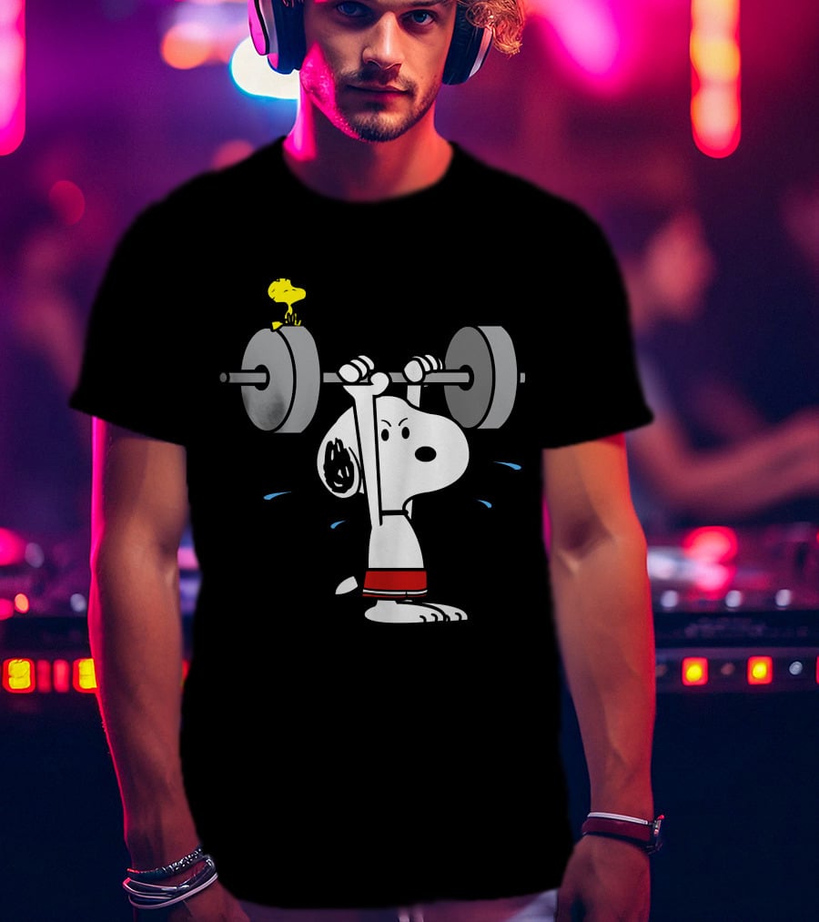 Snoopy Weightlifting With Woodstock On Barbell T-Shirt