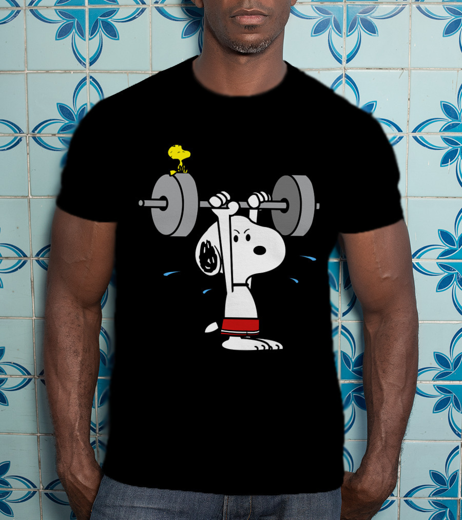 Snoopy Weightlifting With Woodstock On Barbell T-Shirt