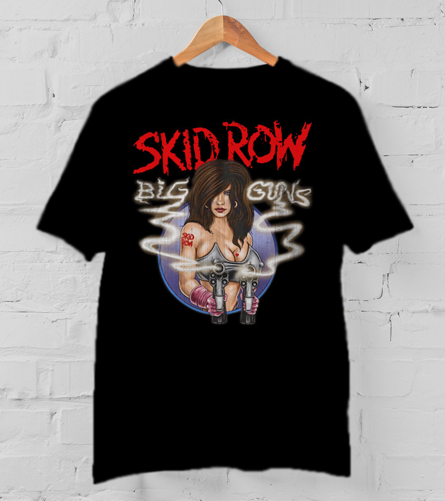 Skid Row Big Guns Heavy Metal Fan Art With Smoking Pistols Motif T-Shirt