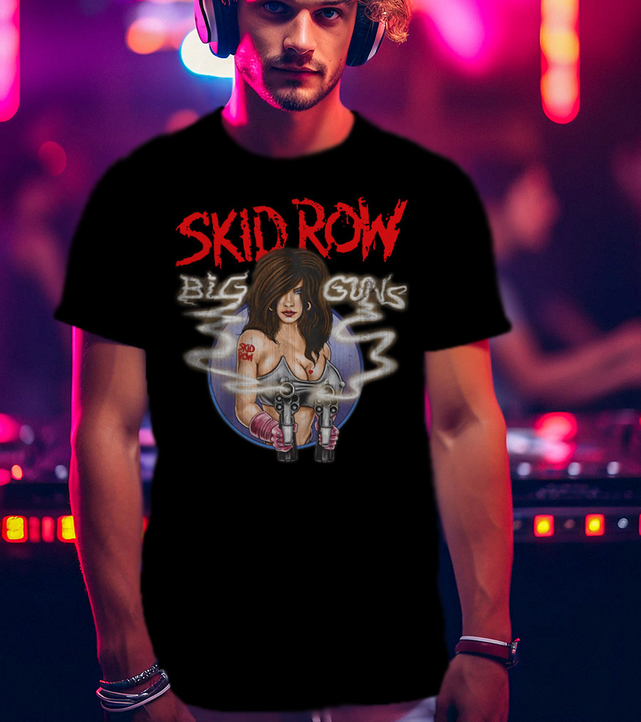 Skid Row Big Guns Heavy Metal Fan Art With Smoking Pistols Motif T-Shirt