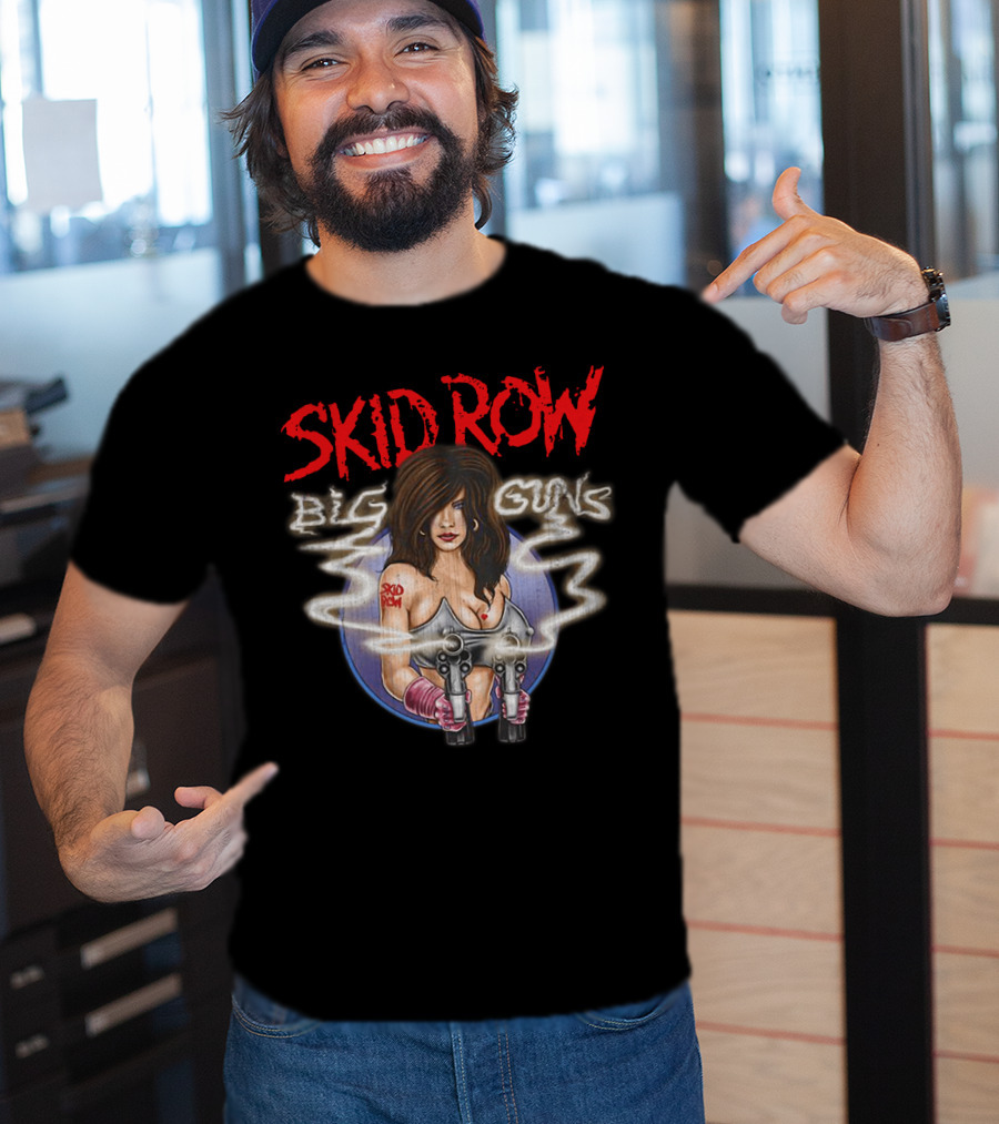 Skid Row Big Guns Heavy Metal Fan Art With Smoking Pistols Motif T-Shirt
