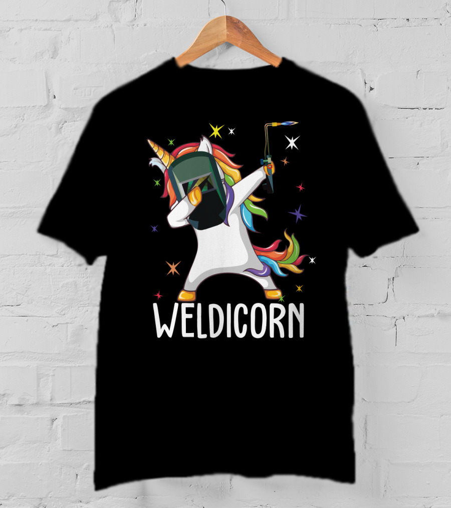 Weldicorn Funny Welder Unicorn Dabbing With Rainbow Mane And Welding Torch T-Shirt