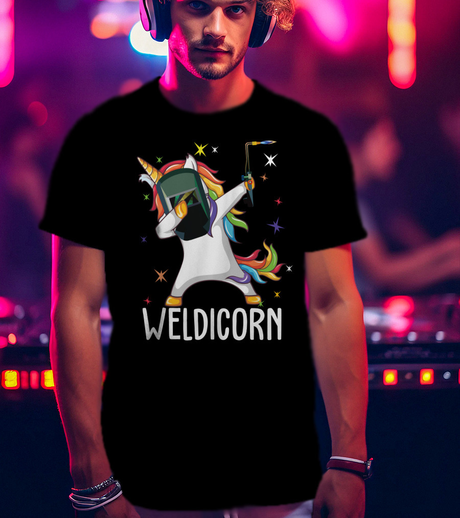 Weldicorn Funny Welder Unicorn Dabbing With Rainbow Mane And Welding Torch T-Shirt