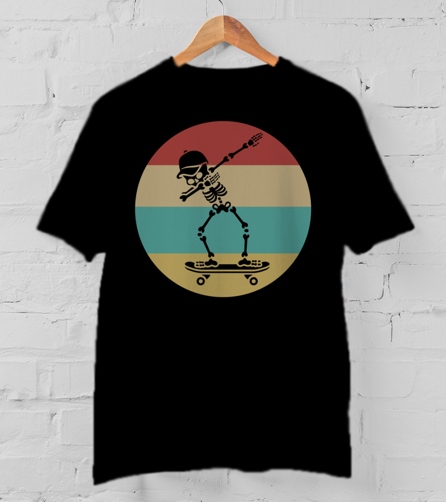 Dabbing Skeleton Skateboarder Retro Stripes Vintage Sunset T-Shirt