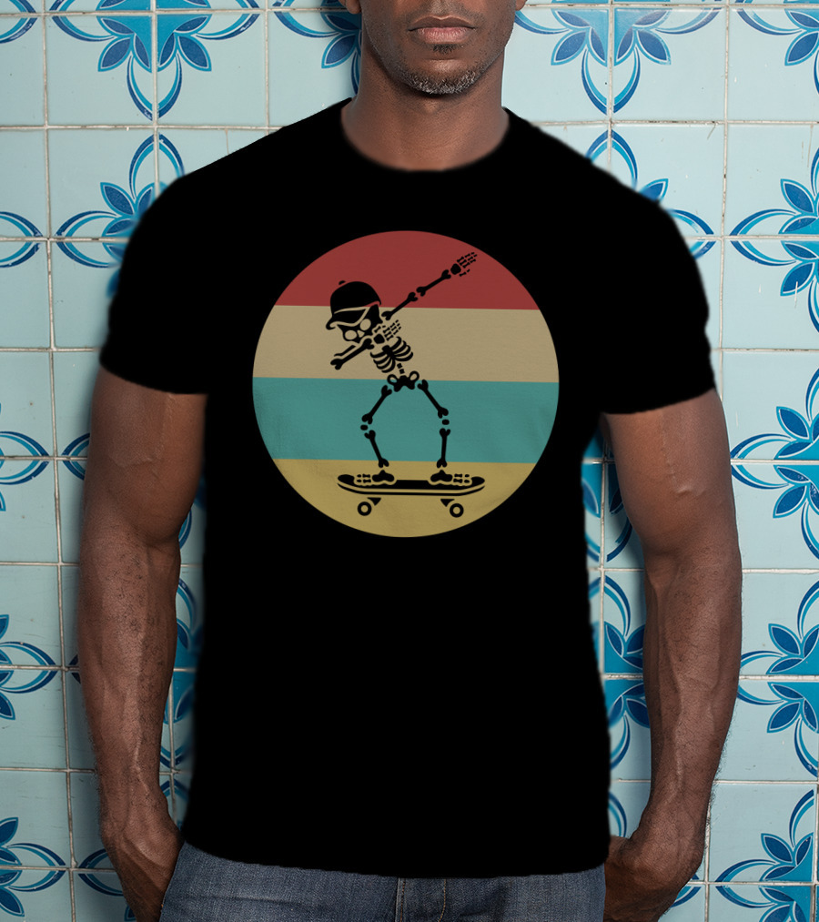 Dabbing Skeleton Skateboarder Retro Stripes Vintage Sunset T-Shirt