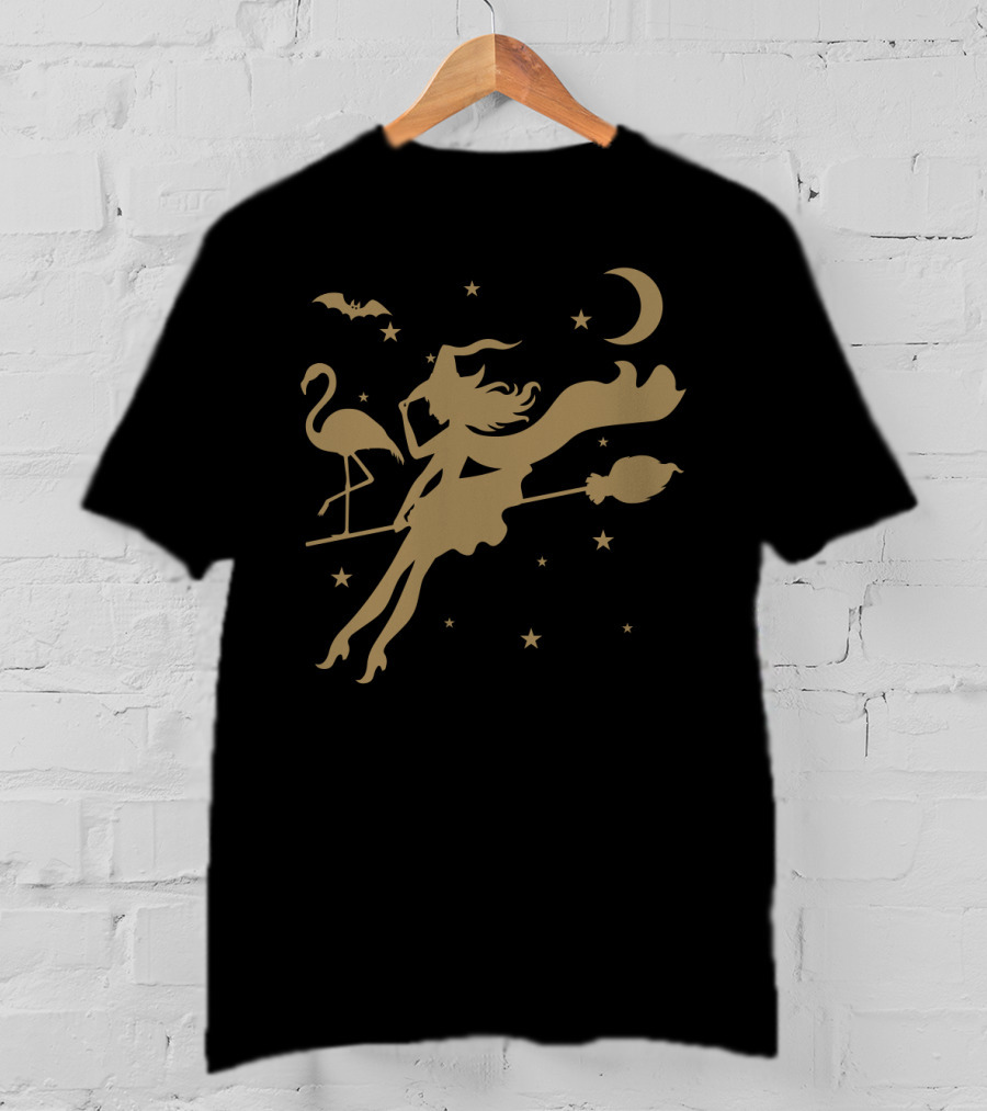 Halloween Witch Flying On A Broomstick With Flamingo Under Moon And Stars T-Shirt