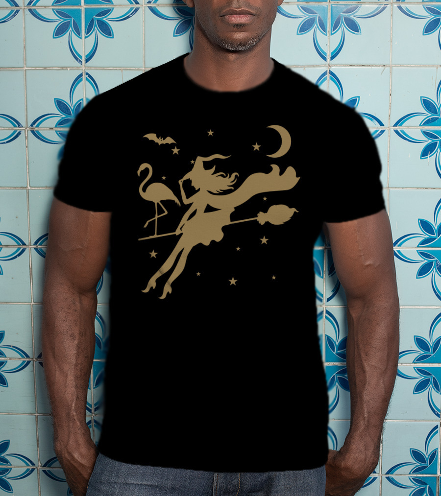 Halloween Witch Flying On A Broomstick With Flamingo Under Moon And Stars T-Shirt