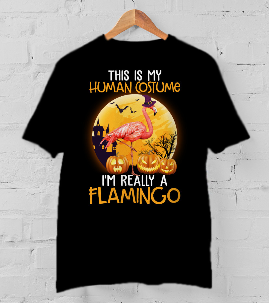 This Is My Human Costume I'm Really A Flamingo Halloween Witch With Pumpkins And Bats T-Shirt