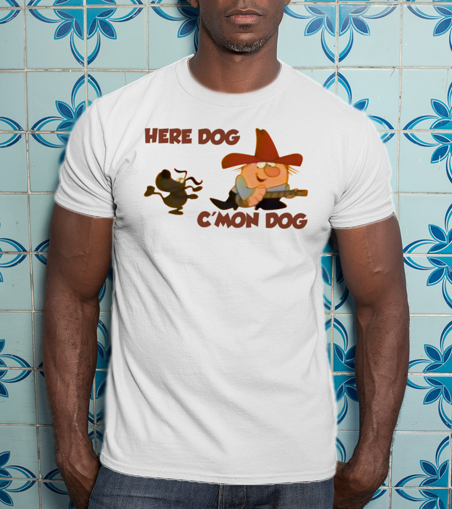 Here Dog C'mon Dog Cartoon Character With Cowboy Hat And Guitar T-Shirt